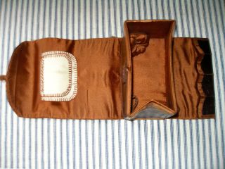 C.  1860 Early Brown Leather Sewing Roll - Up,  Box,  Silk - Lined Primitive Folk Art photo