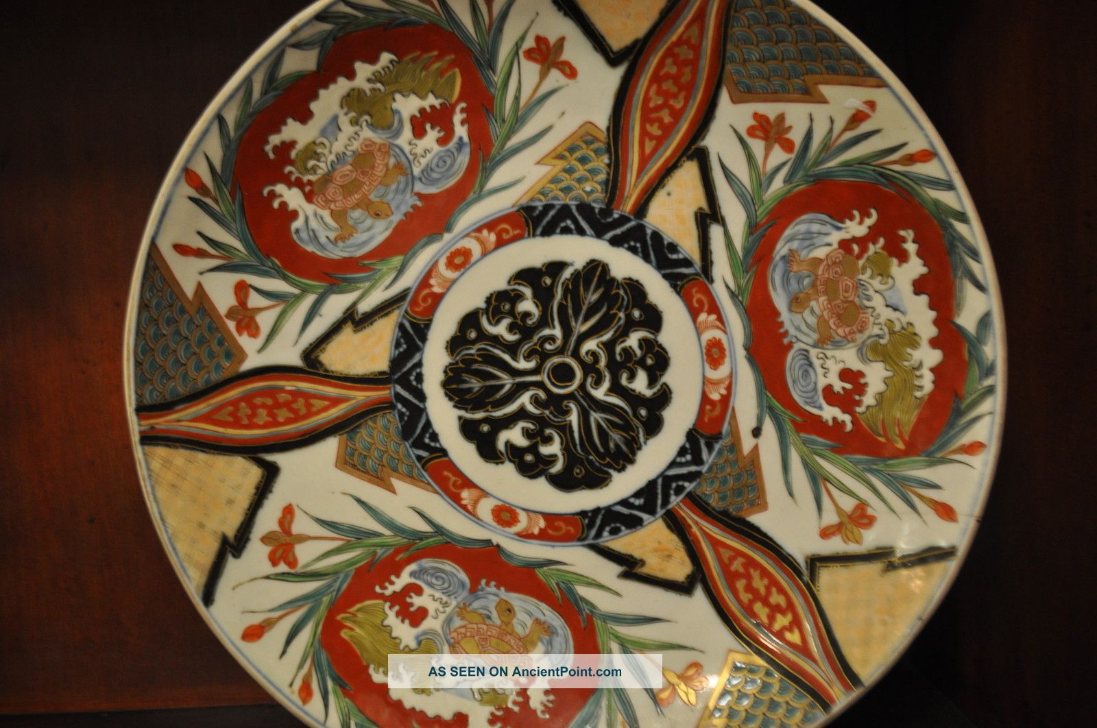 Stunning Antique Porcelain Big Japanese Imari Charger With 3 Turtles And Water Bowls photo