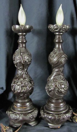 Pair Of Antique Chinese Carved Wood Electrified Candlesticks photo