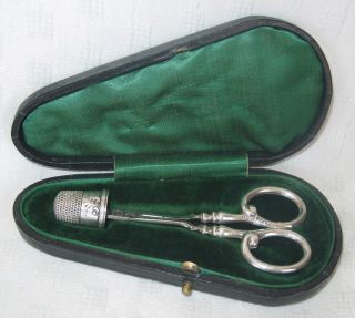 Antique Fitted Sewing Etui Kit Set Solid Sterling Silver Scissors Thimble Tools photo