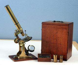 Unsigned English Antique Brass Bar - Limb Microscope W/mahogany Case & Accys C1870 photo