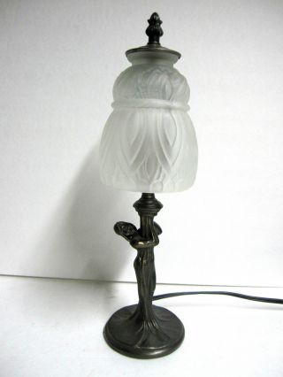 Antique Art Nouveau Bronze Woman Figural Torch Lamp W/ Frosted Glass Shade1920s photo