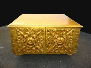 Vintage Hollywood Regency Gold Gilt Square Coffee Table Carved Doors photo