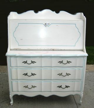 Vintage French Provincial Dixie Style Drop Leaf White Desk Dove Tail Dresser photo