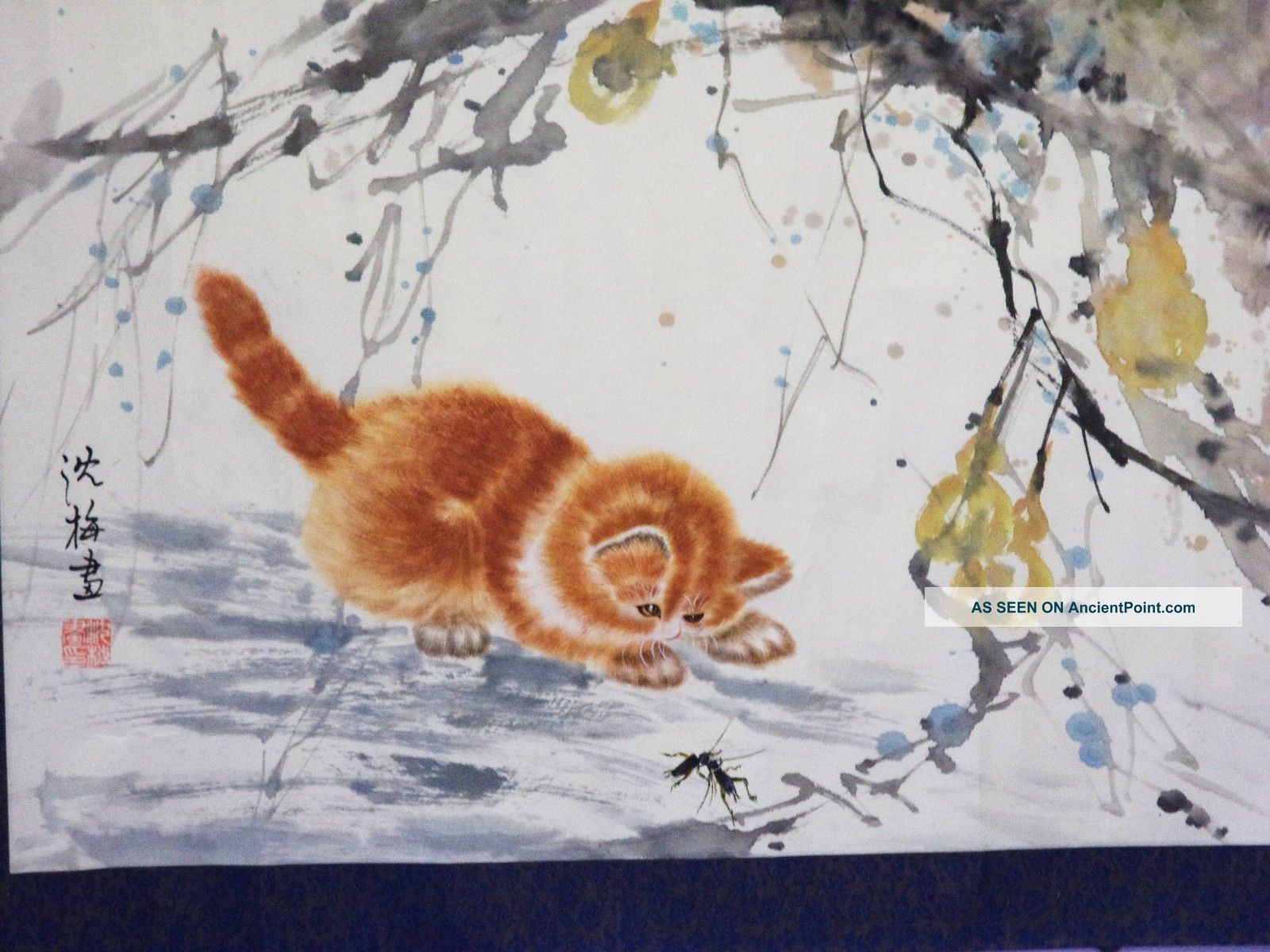 Ps61 Vintage Chinese Painting Scroll Cat Chasing Crikets Water Color 53 