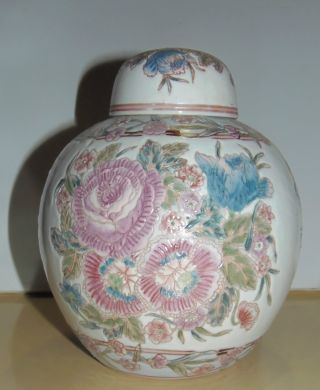 Vintage Large Chinese Porcelain Floral Enameled Tea Caddie Flower Design & Lid photo