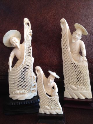 Hand Carved Antique Faux Ivory Chinese Fishermen photo