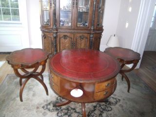 Antique Round Table Set Of 3 Tables With Red Leather On Top And Free Lamp photo