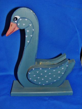 Primitive Folk Art Handpainted Wood Goose Swan Blue Color photo