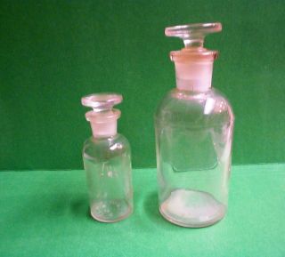 2 Small Pharmacy Apothecary Antique Bottles W Stopper Tops photo