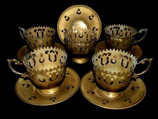 Middle Eastern Antique Islamic Brass Coffee 5 Cupholders 5 Saucers photo