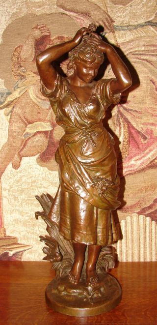 Large Moreau Art Nouveau Bronzed Spelter French Statue Sculpture Woman & Bird photo
