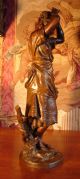 Large Moreau Art Nouveau Bronzed Spelter French Statue Sculpture Woman & Bird Metalware photo 5