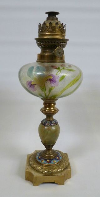 E20c French Oil Lamp With Champleve Enamel & Frosted Glass Enamelled Font photo