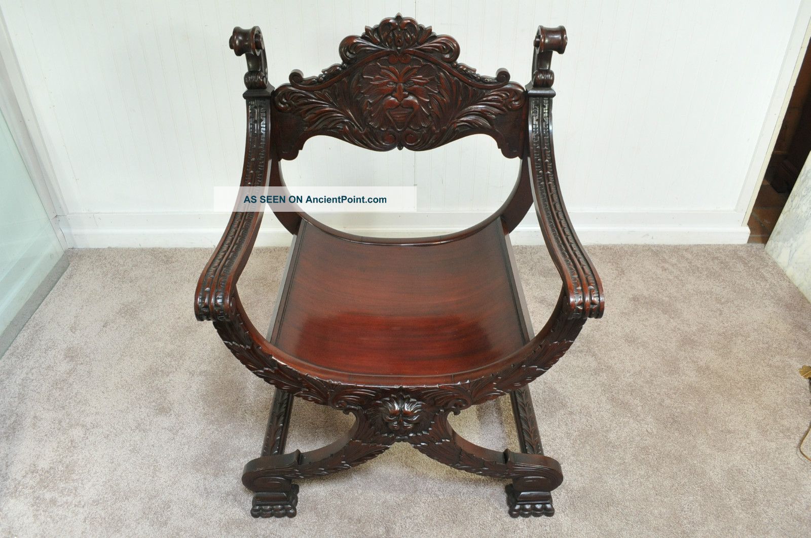 Antique Carved Mahogany North Wind Face Curule Throne Chair