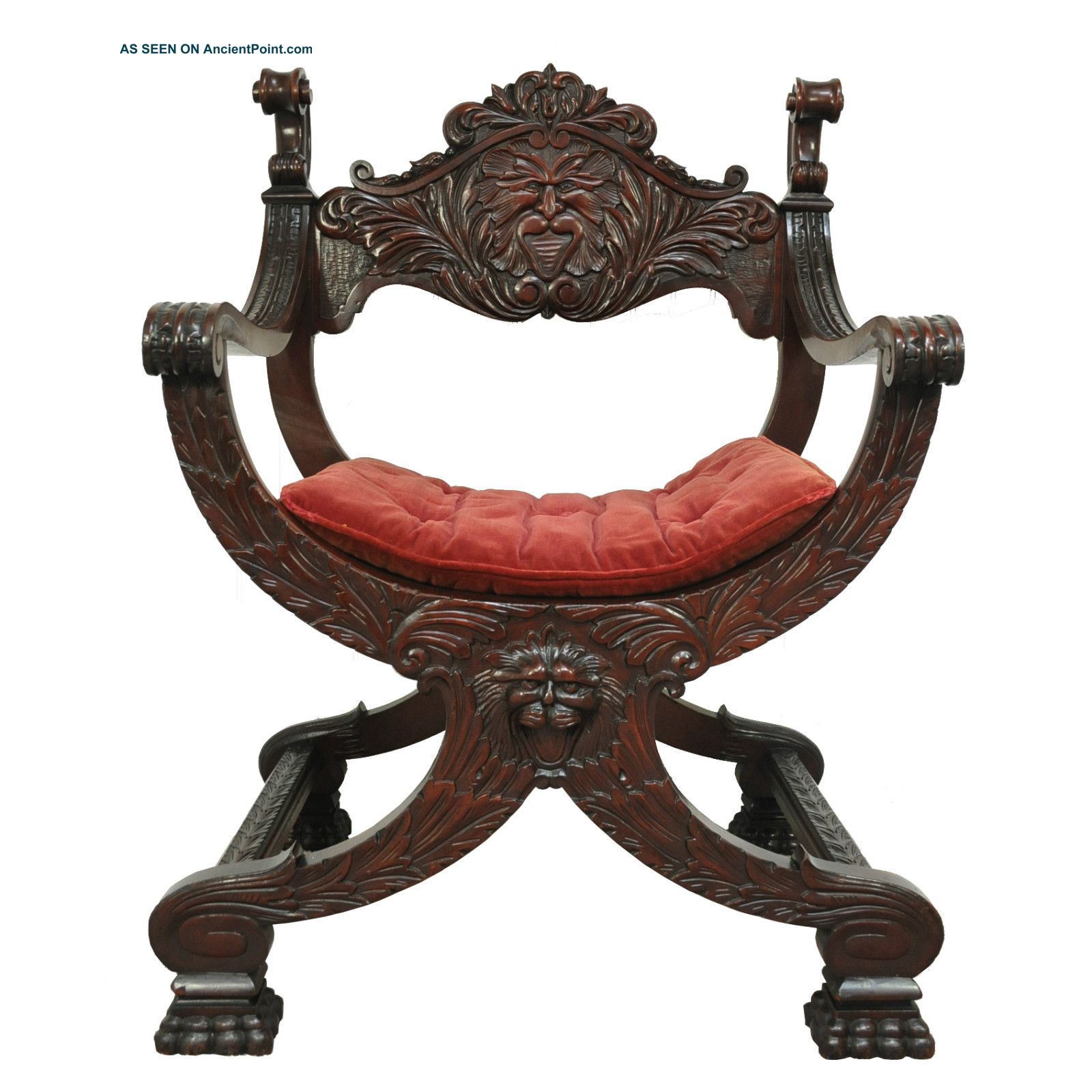 Antique Carved Mahogany North Wind Face Curule Throne Chair Renaissance Revival 1800-1899 photo