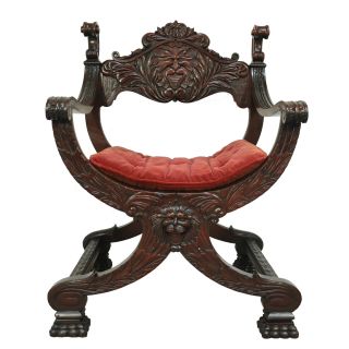 Antique Carved Mahogany North Wind Face Curule Throne Chair Renaissance Revival photo