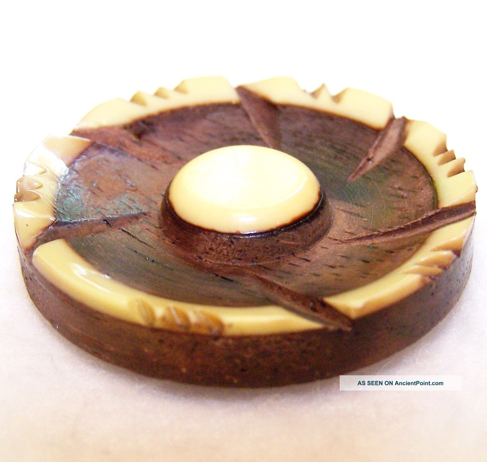 Vintage Carved Wood And Old Plastic/celluloid Flower Button 1½” Diameter ¼” High Buttons photo