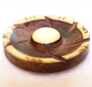 Vintage Carved Wood And Old Plastic/celluloid Flower Button 1½” Diameter ¼” High photo