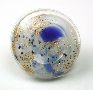 Antique Paperweight Glass Button Blue & Gold Sparkle Under Concave Crystal Dome photo