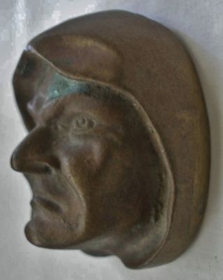 Small Arts Crafts Or Older Heavy Metal Man ' S Head In Hood Sculpture Rich Patina photo