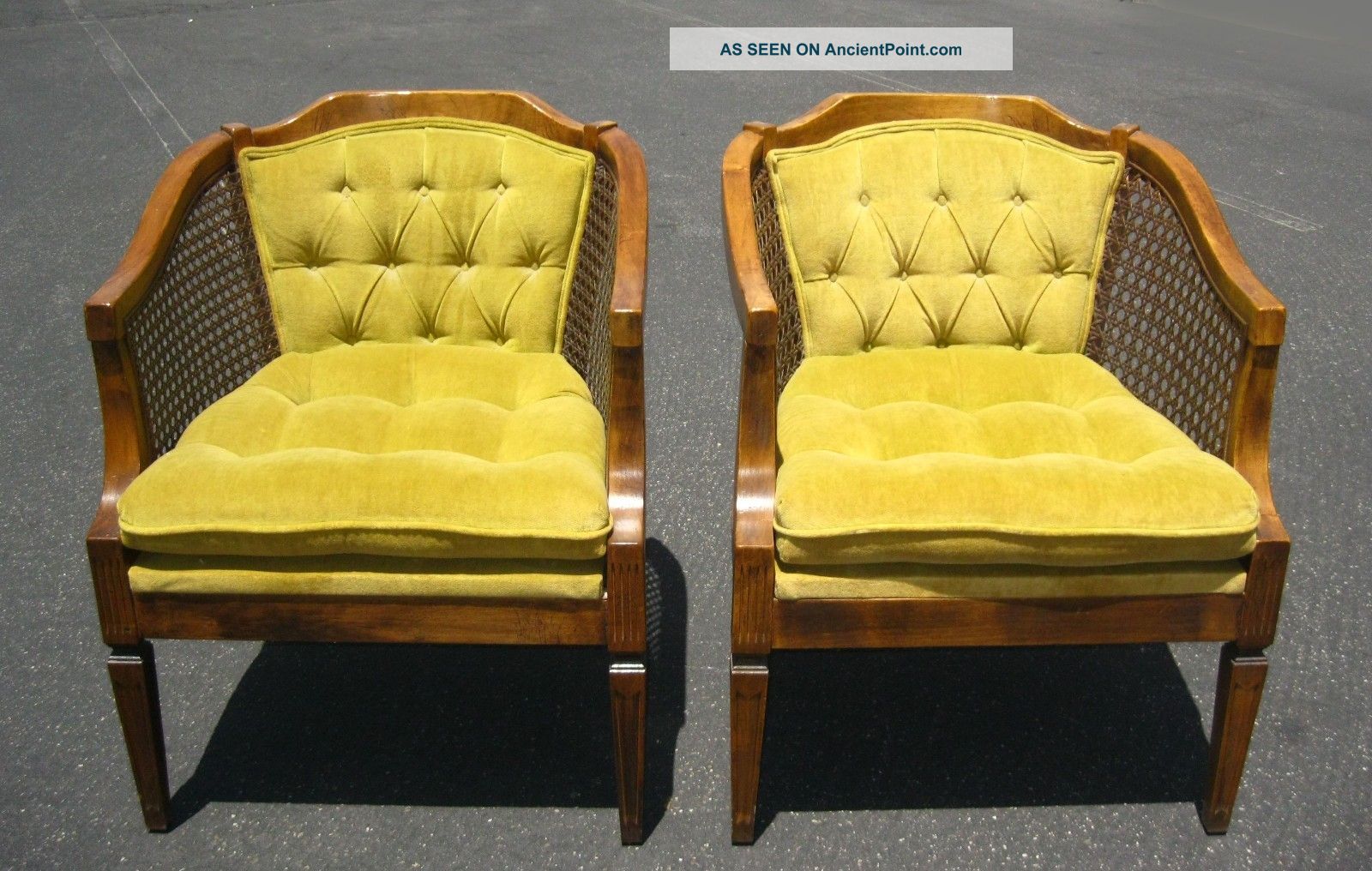 Vintage Arm Chair Gold Velvet Hollywood Regency Caned Barrel Chair (NW