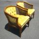 Gorgeous Pair French Cane Arm Chairs Tufted Yellow Velvet Vintage Mid Century Post-1950 photo 2