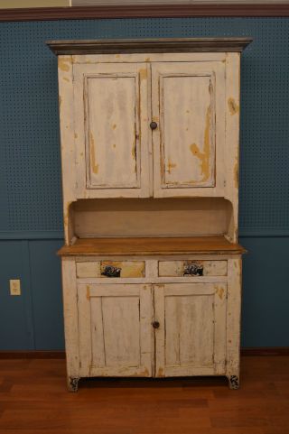 Lancaster County,  Pa Late 1800 ' S 2 Piece White Painted Stepback Cupboard photo