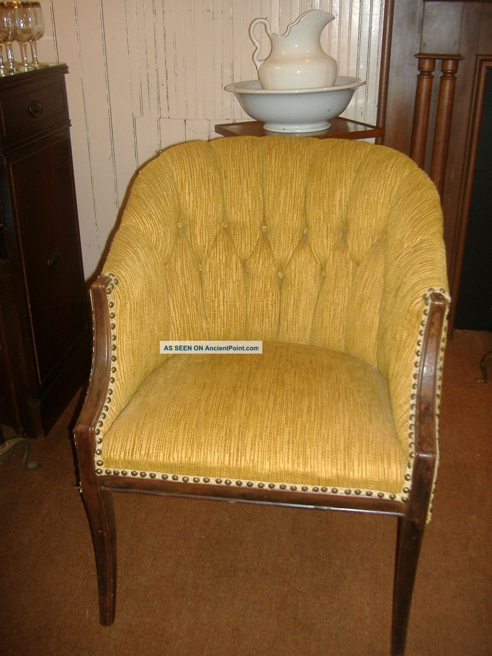 Gold Upholstered Club Pub Chair Library Vintage Button Tucked Easy 2 Available 1900-1950 photo