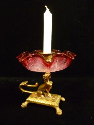 Rare Egyptian Sphinx Brass Candle Holder W/ Cranberry Crackle Glass Bowl - 1880 photo