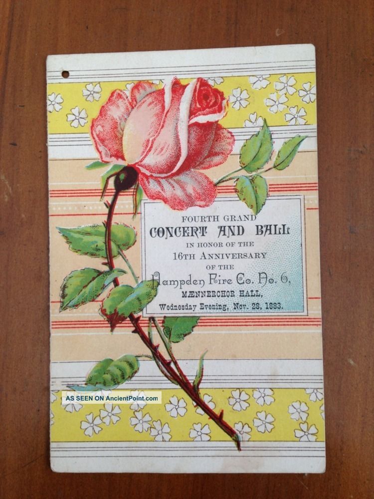 1883 Hampden Pennsylvania Fire Co Maennerchor Dance Hall Card Rose Antique Quack Medicine photo
