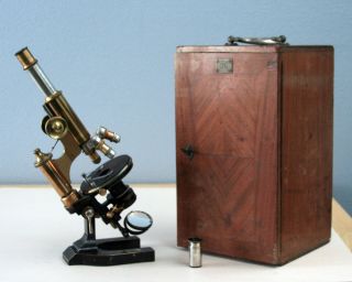 E Leitz Wetzlar Antique Brass Continental Microscope Stativ Ia W/wood Case 1900 photo