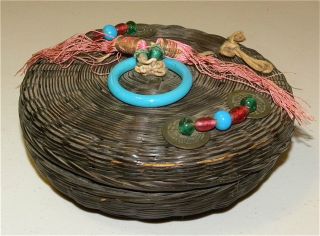 Antique Chinese Lacquered Medium Bamboo Sewing Basket Complete Glass Rings Beads photo