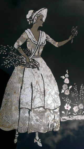 Art Deco Foil Picture Reverse Glass Crinoline Lady Flower Scene Passe - Partout photo