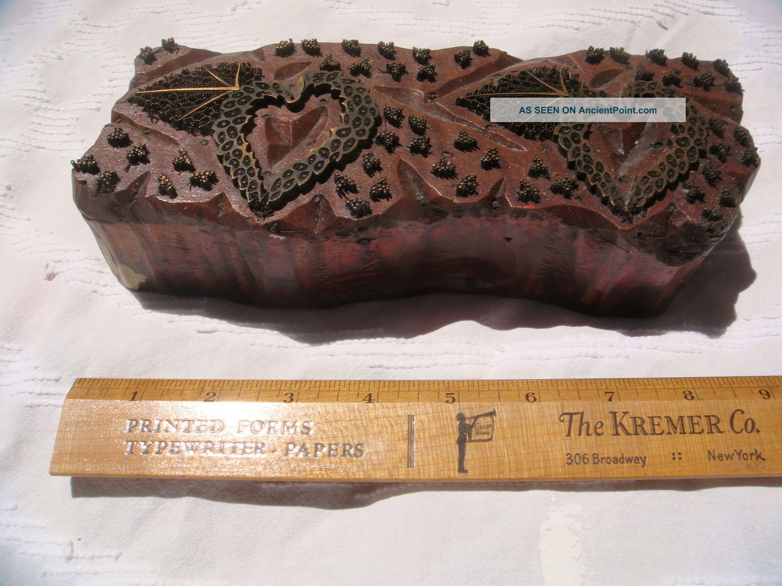 Primitive Hand Hewn Printing Wood Block W Hearts Antique Textile Stencil Stamp Primitives photo