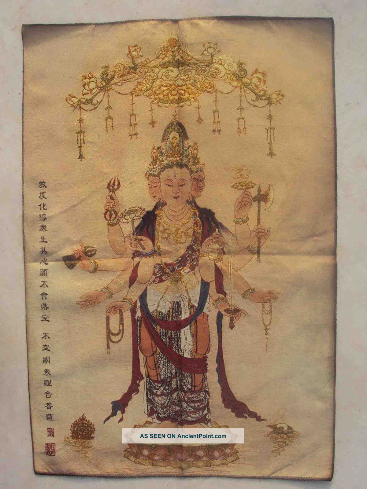 Tibetan Silk Inwrought Thangka Buddha Thousand Arm Hand Kwan Yin Statue Nepal Tibet photo