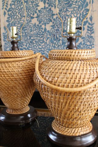 Vintage Pair Mid Century Post War Japanese Woven Bamboo Basket Lamps Lovely photo