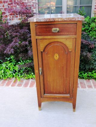 Antique English Marble Top Mahogany Medallion Inlay Cabinet End Table Nightstnd photo