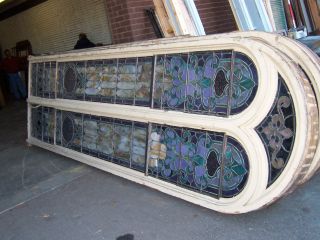 Monumental Group (5) Arched Top Leaded Stained Glass Windows & Frames 15 X 41/2 ' photo