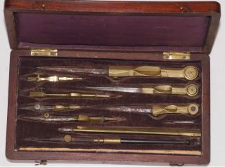 19th Century Rochette Drawing Instruments Set Cased - French Drafting Tool 1840 photo