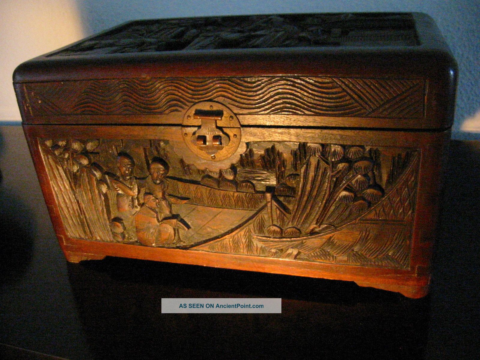 Folk Art Wood Carving Story Teller Figurative Chest Boxes photo