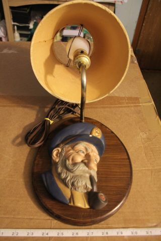 Vintage Wall Lamp With Captain Smoking Pipe Figure On Wood Base - Great Cond.  Look photo