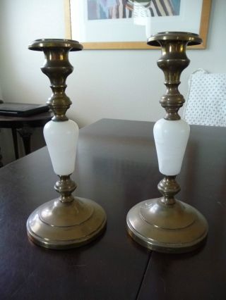 Two Antique Brass And Marble Candlesticks 8.  5 