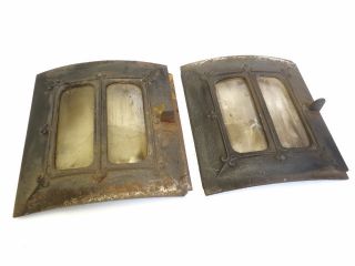 Antique Old Metal Cast Iron Mica Windowed Stamped V4 Ornate Gas Woodstove Doors photo