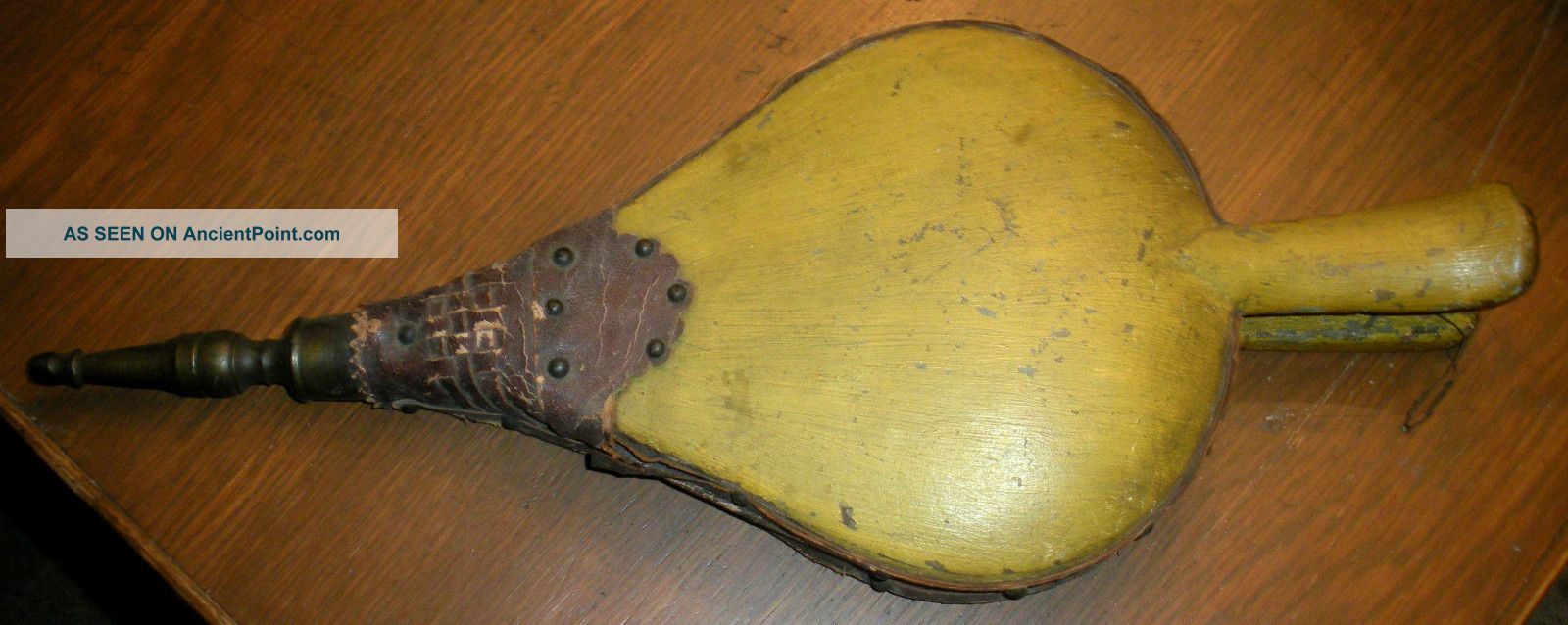 Antique 1800s Hearth Fireplace Bellows W/ Yellow Paint Brass Spout Vafo Primitives photo