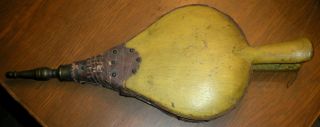 Antique 1800s Hearth Fireplace Bellows W/ Yellow Paint Brass Spout Vafo photo