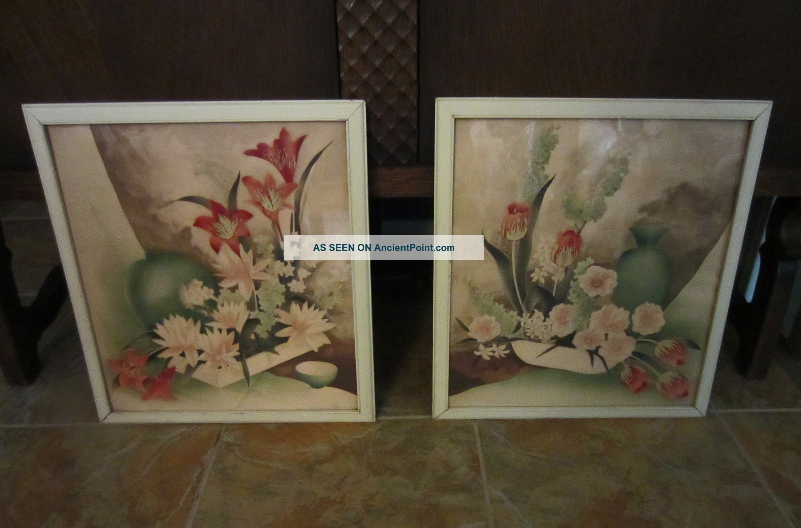 2 Antique Vtg.  1940s,  Airbrush Prints,  Bernard,  Art Deco Mid Century,  Celadon Vases Art Deco photo