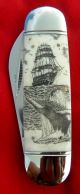 Nautical Scrimshaw Art,  Tall Ship,  Breaching Humpback Whale Folding Knife/knives Scrimshaws photo 1