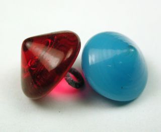 2 Antique Charmstring Glass Buttons Turquoise & Red Cone Shapes Swirl Back photo