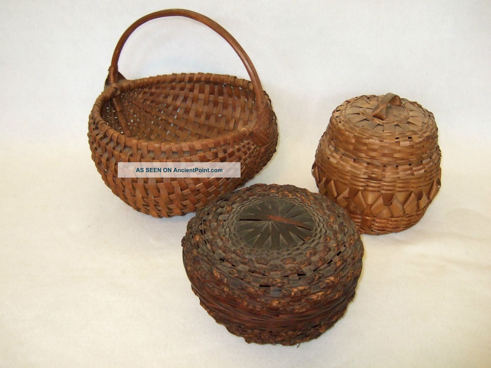 Of 3 Antique Splint Baskets – 2 Covered & 1 Buttocks Primitives photo